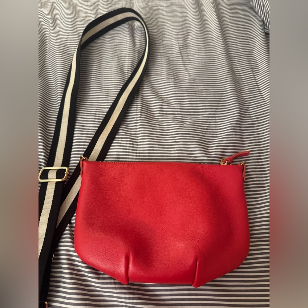 Clare V Red Petite Moyen Shoulder Bag with Black and White Strap